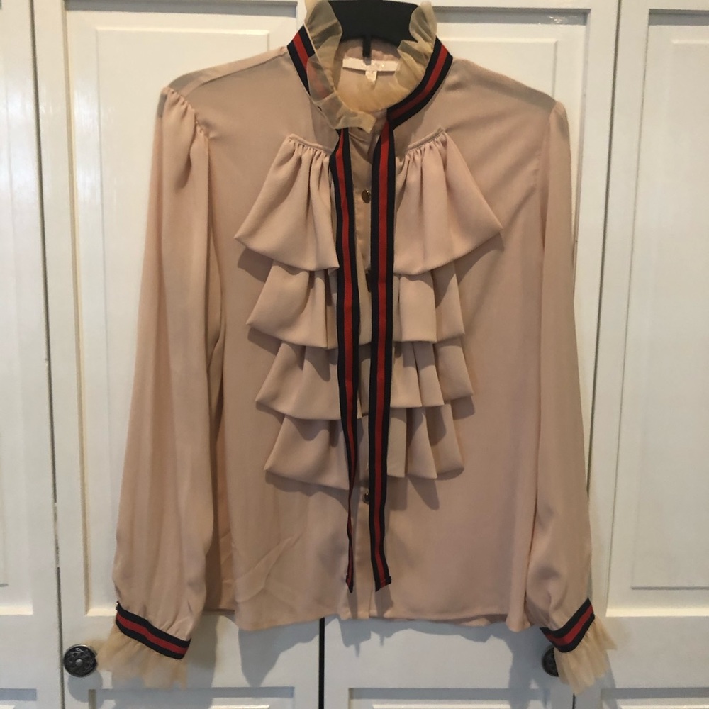 Ruffle navy red cream blouse